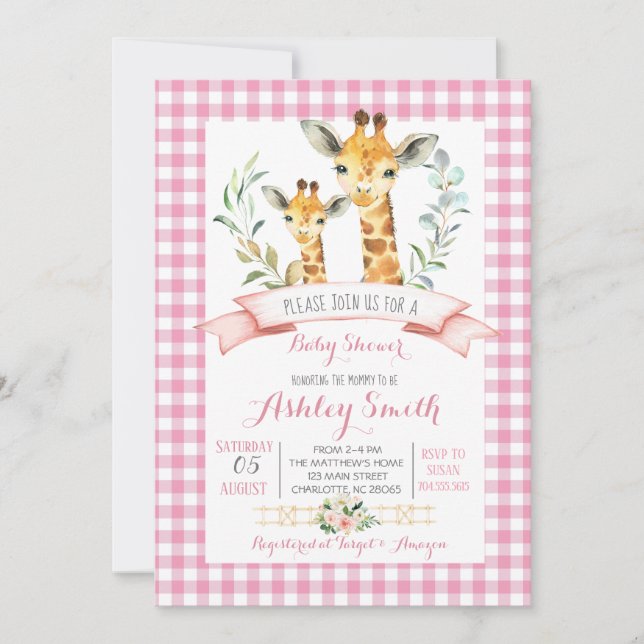 Giraffe baby shower invitation fille rose (Devant)