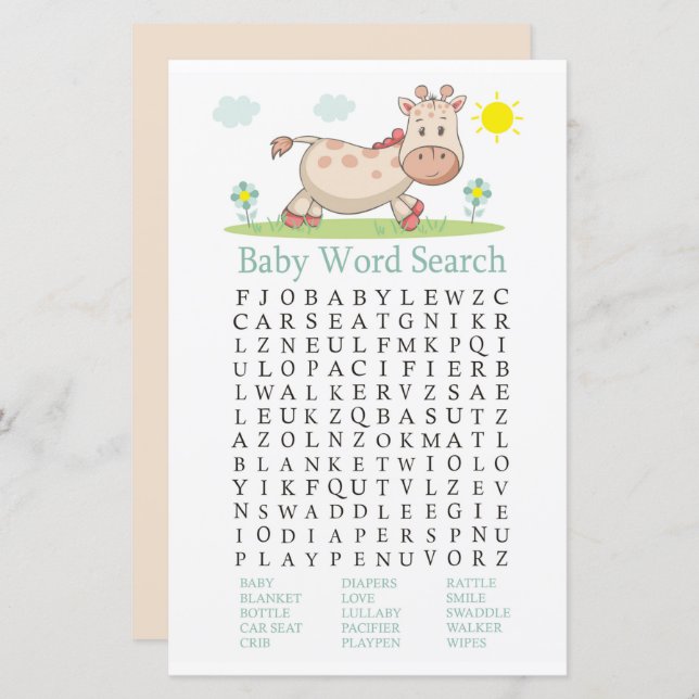 Giraffe Baby shower Word Recherche Jeu (Devant / Derrière)