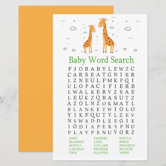 Giraffe Baby shower Word Recherche Jeu (Devant / Derrière)