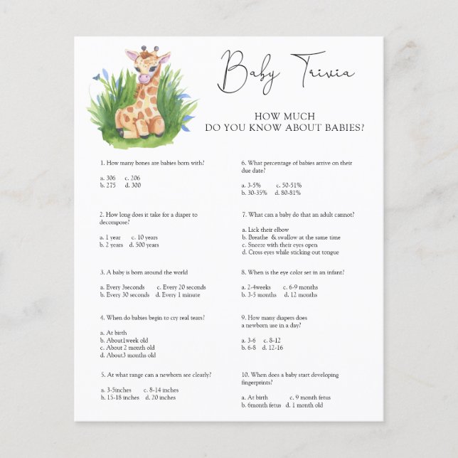 Giraffe Baby Trivia | Jeu Baby shower (Devant)