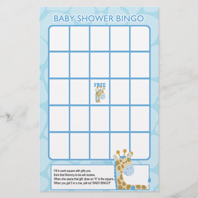 Giraffe Bleue Baby shower Jeu de Bingo (Devant)