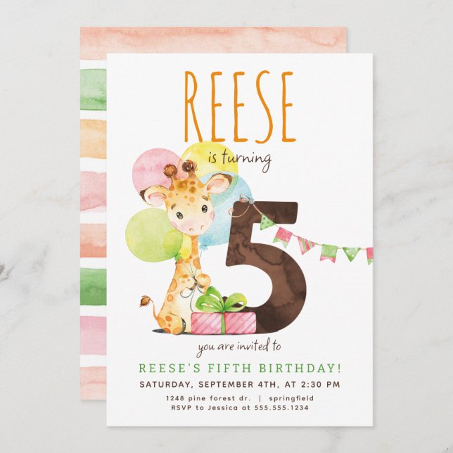 Giraffe Cinquième anniversaire Fête Invitation (Devant / Derrière)