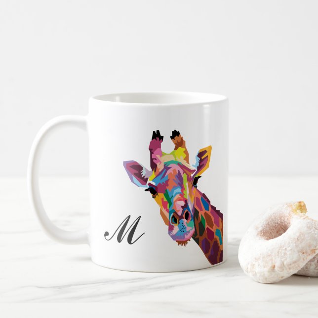 Giraffe colorée Pop Art Monogramme Café Mug (Avec donut)