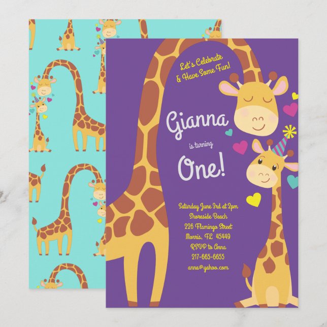Giraffe Cute Kids 1er Anniversaire Fête Invitation (Devant / Derrière)
