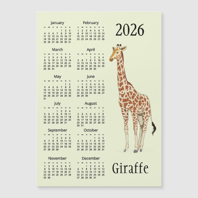 Giraffe Design 2026 Calendar Magnetic Card (Devant)