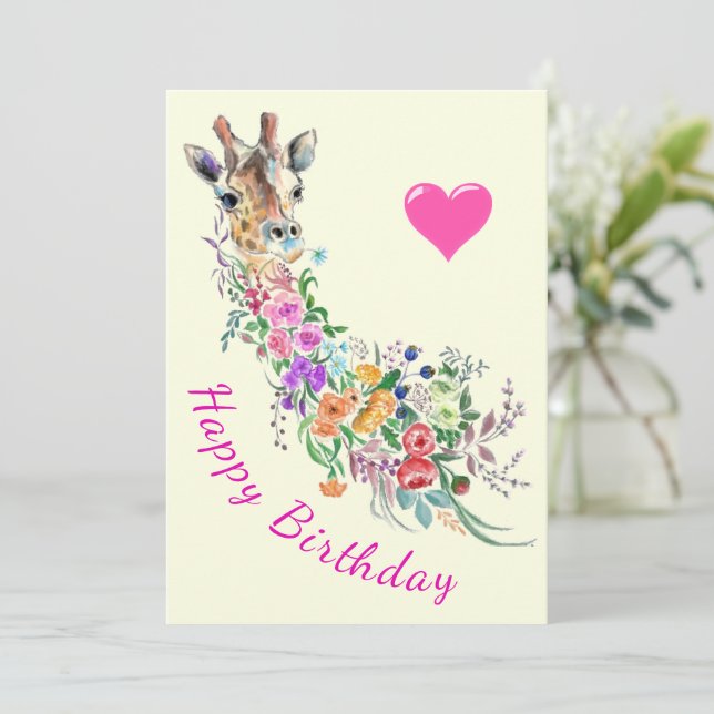 Giraffe Fleurs Carte Anniversaire Aquarelle (Debout devant)