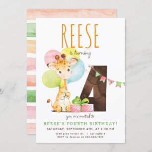 Giraffe Fourth Birthday Party Invitation