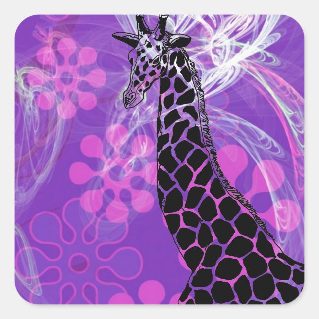 Giraffe II à fleurs violettes ~ Sticker Carré (Devant)