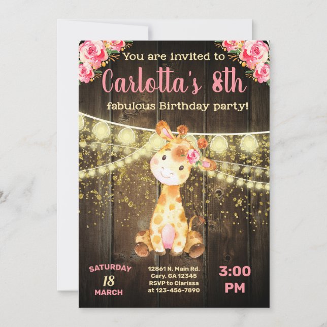 Giraffe invitation d'anniversaire fille, bois brun (Devant)