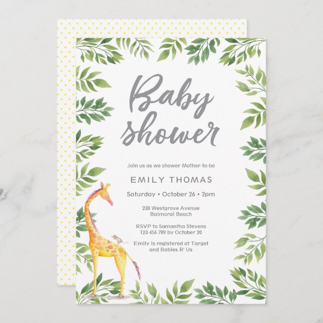 Giraffe jaune Baby shower Invitation (Devant / Derrière)