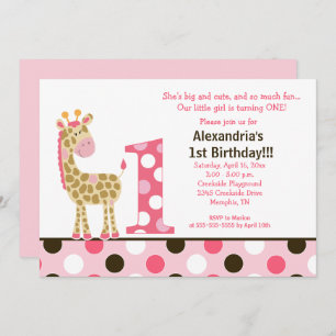 Giraffe Jungle rose 1er Invitation anniversaire 5x