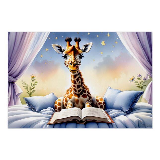 Giraffe Lire un livre Poster de chambre bébé et en (Devant)