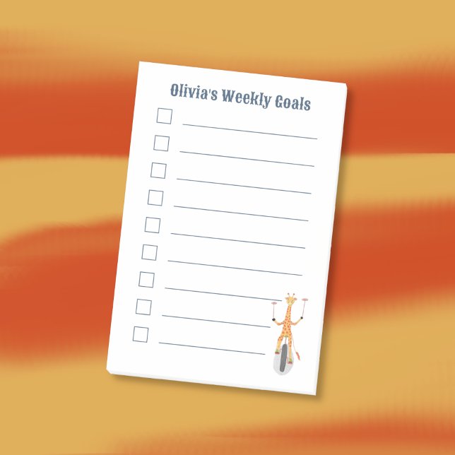Giraffe on a Unicycle Kid Goals Post-It Notes (Personalized kids sticky notes featuring a cartoon giraffe on a unicycle . )