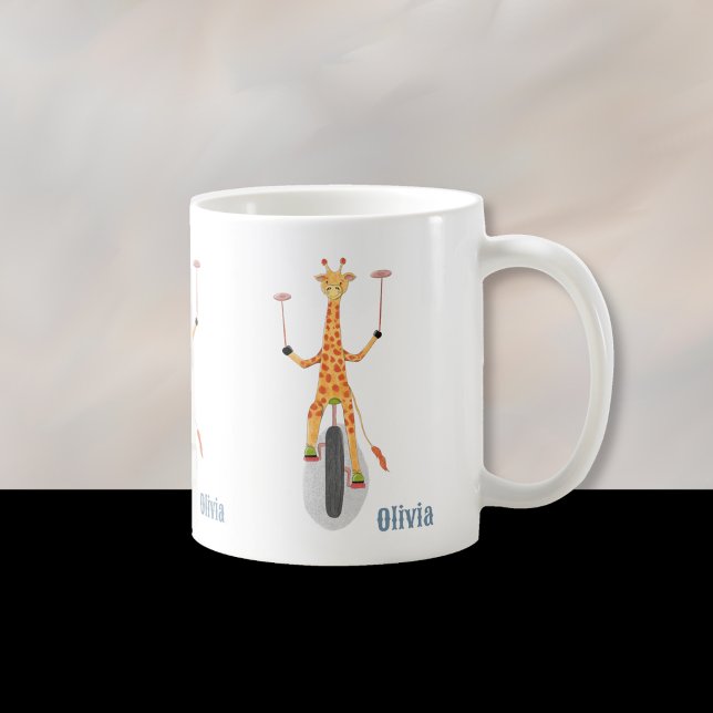 Giraffe on a Unicycle Kid Mug with Name (Fun cartoon giraffe on a unicycle kid personalized mug . )