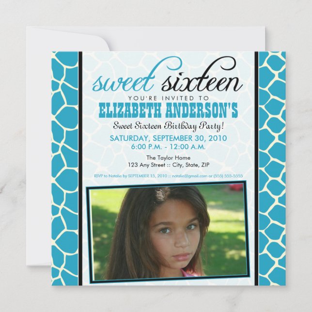 Giraffe Print Sweet 16 Party Invitation (aqua) (Devant)