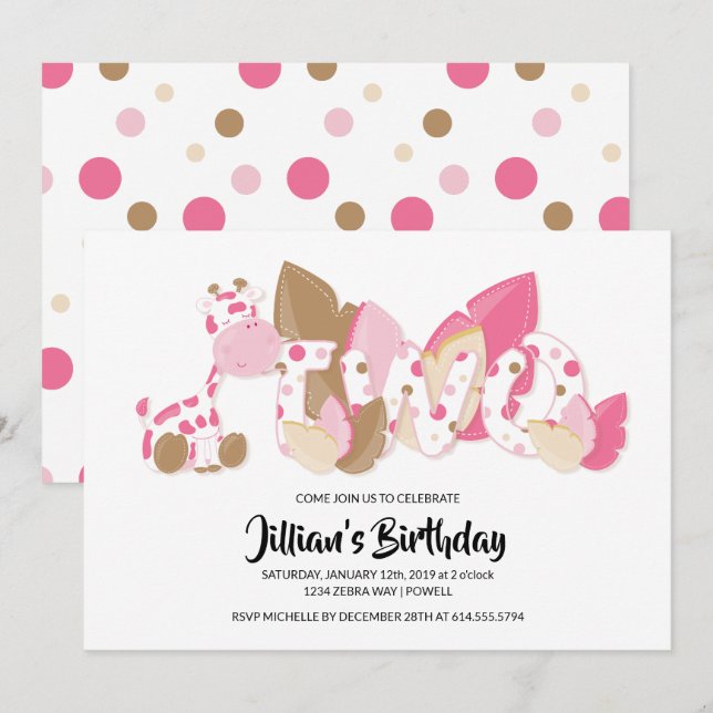 Giraffe rose Invitation de fête d'anniversaire (Devant / Derrière)