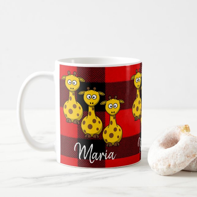 Giraffe Rouge Noir Plaid Mug (Avec donut)