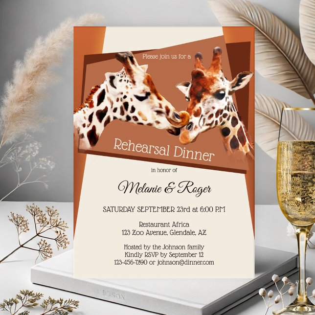 Giraffe Safari Zoo Répétition Dîner Invitation (Rehearsal dinner invitation with a whimsical and colorful painting of giraffes - animal -zoo -safari)