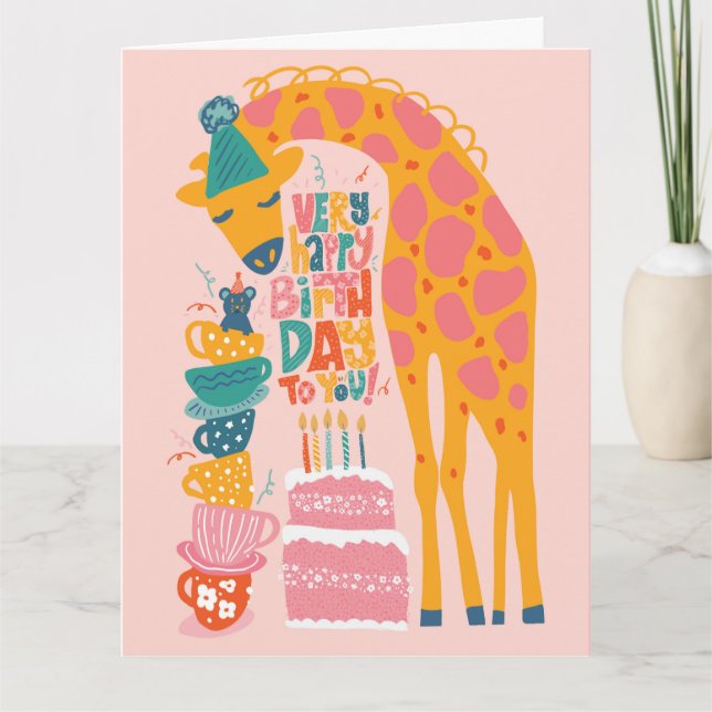 Giraffe Tea Party Plié Carte de voeux Anniversaire (Devant)