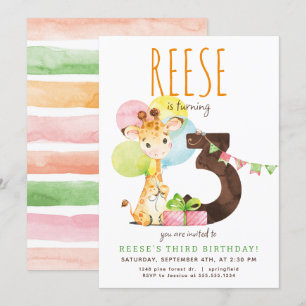 Giraffe Troisième anniversaire de fête Invitation