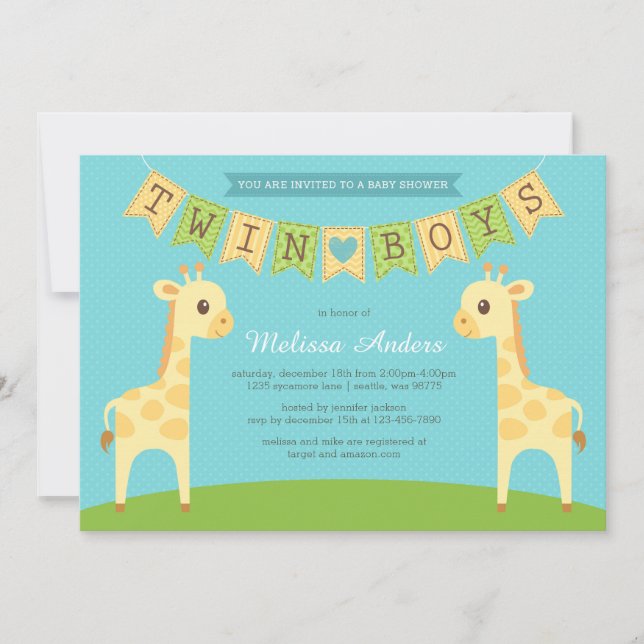 Giraffe Twin Boys Baby shower Invitation (Devant)