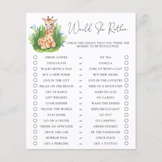 Giraffe / Voudrait-Elle Plaire Baby shower Jeu (Devant)