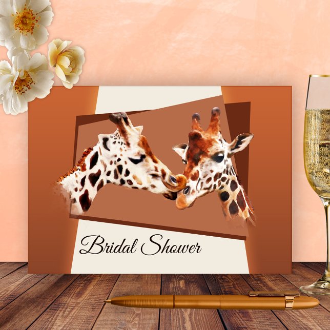 Giraffe Whimsical Invitation de la douche nuptiale (Bridal shower invitation featuring a painting of two cute giraffes - zoo - safari - animals)