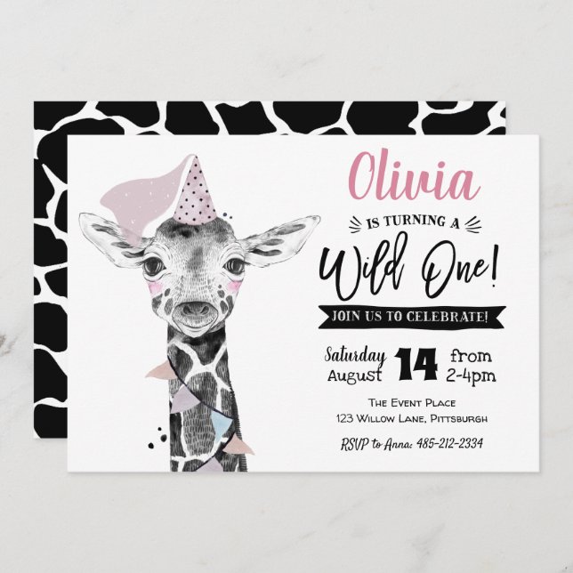 Giraffe Wild One | Invitation d'anniversaire pour  (Devant / Derrière)