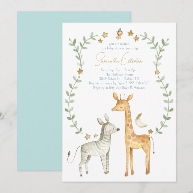 Giraffe Zebra Jungle Safari Baby shower Invitation (Devant / Derrière)
