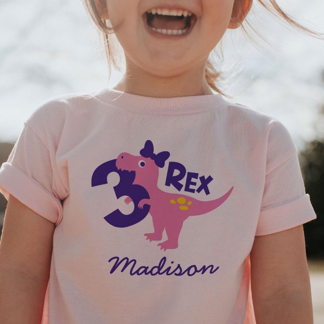 Girl 3rd Birthday Pink Dinosaur with Bow T-Shirt (Créateur téléchargé)