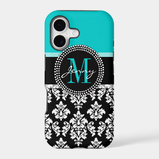 Girl Aqua Black Damask Votre nom de monogramme