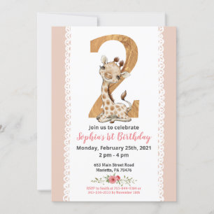 Girl Baby Giraffe 2e Invitation anniversaire