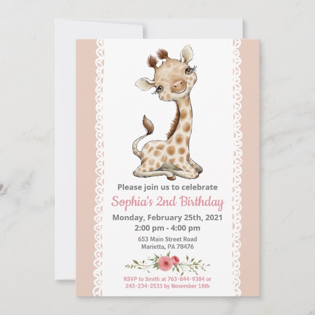 Girl Baby Giraffe Invitation fête d'anniversaire (Devant)