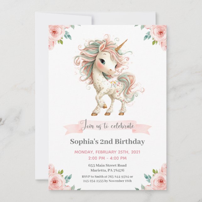 Girl Baby Unicorn Birthday Party Invitation (Devant)