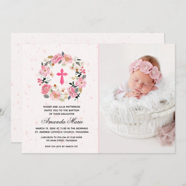 Girl Baptism Watercolor Pink Floral Invitations (Devant / Derrière)