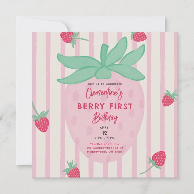 Girl Berry First Birthday Party Invitation (Devant)