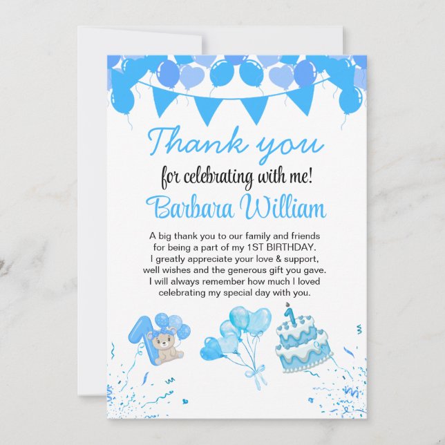 Girl Blue Bear 1st Birthday Thank You Card (Devant)