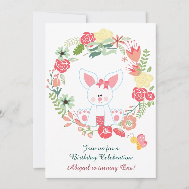 Girl Bunny et Wreath 1er anniversaire Invitation (Devant)