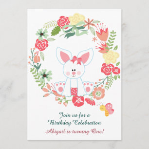 Girl Bunny et Wreath 1er anniversaire Invitation