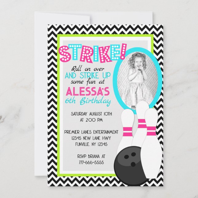 Girl Chevron Bowling Anniversaire Photo Invitation (Devant)
