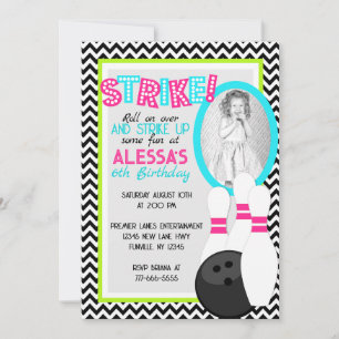 Girl Chevron Bowling Anniversaire Photo Invitation