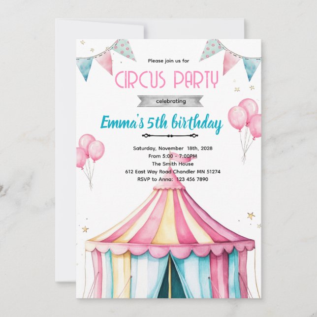 Girl circus party theme invitation (Devant)