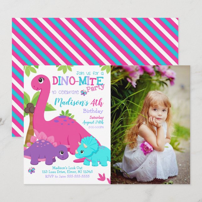 Girl Dinosaur Birthday Photo Invitation Dino Party (Devant / Derrière)