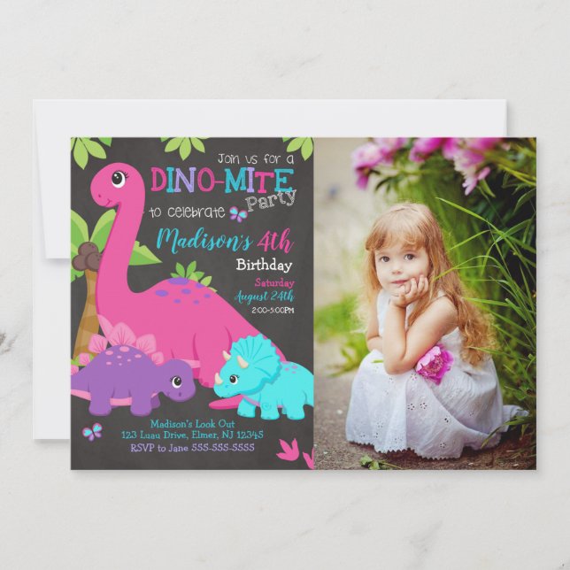 Girl Dinosaur Photo Birthday Invitation Dino Party (Devant)