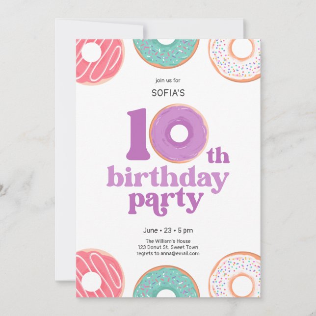 Girl donut 10th Birthday Party Invitation (Devant)