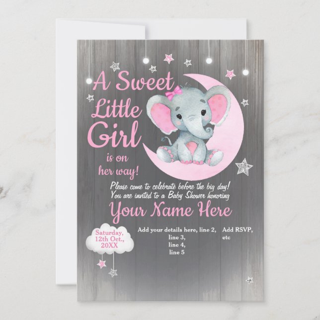 Girl Elephant Baby shower Invitation Étoiles Lune (Devant)