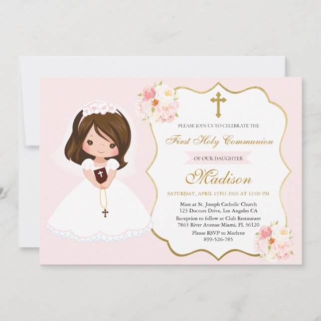 Girl First Holy Communion Invitation Elegant Cute (Devant)
