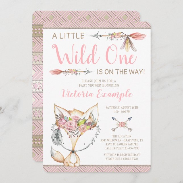 Girl Fox Wild One Baby Shower Invitations (Devant / Derrière)