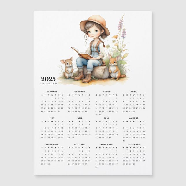 Girl in Flower Garden Rabbits 2025 Magnet Calendar (Devant)