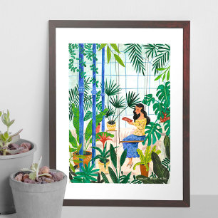 Girl in greenhouse reading illustration poster